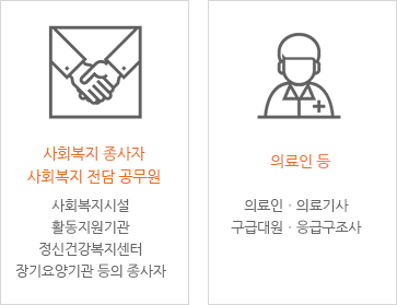 [사회복지종사자 사회복지 전담 공무원 - 사회복지시설 활동지원기관 정신건강복지센터 장기요양기관 등의 종사자], [의료인 등 - 의료인ㆍ의료기사 구급대원ㆍ응급구조사]